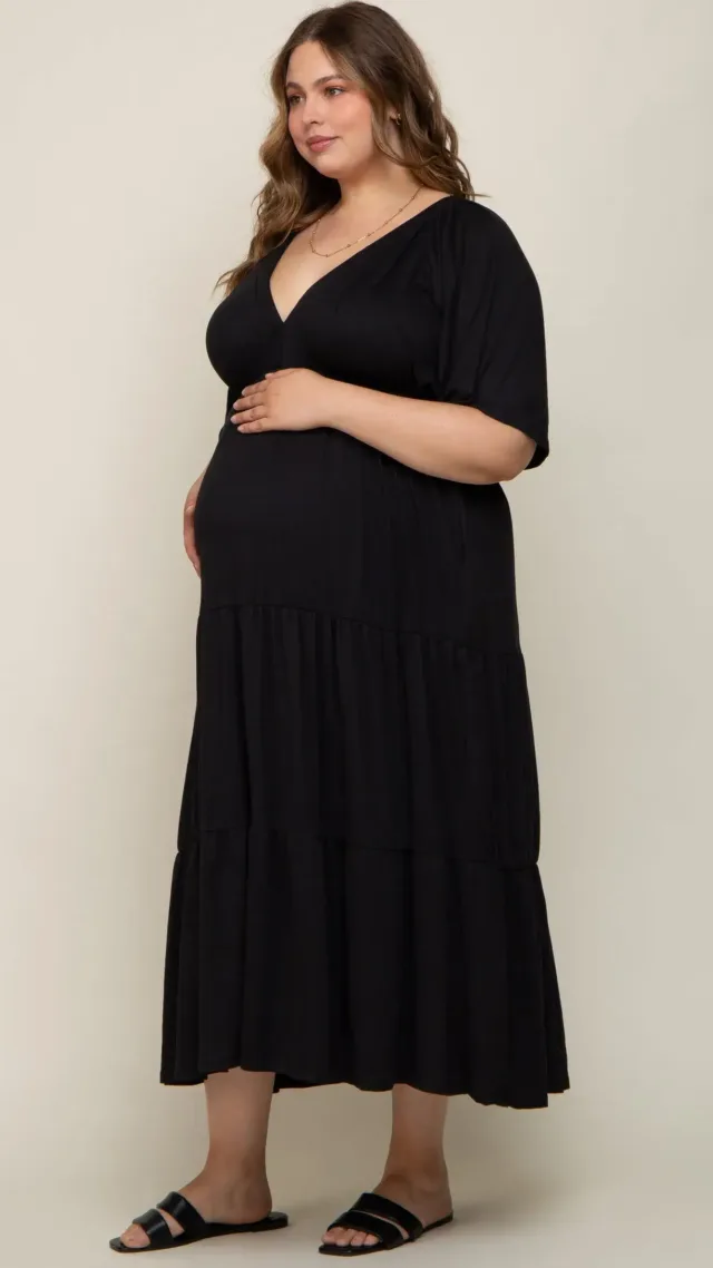 Black Deep V-Neck Tiered Maternity Plus Maxi Dress