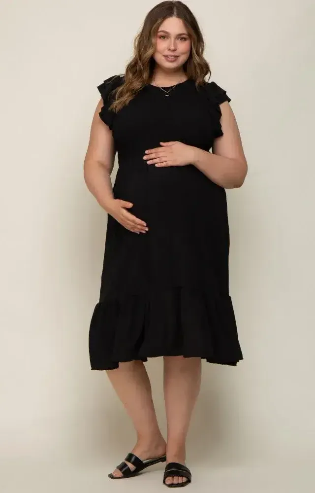 Black Smocked Layered Ruffle Flutter Sleeve Maternity Plus Midi Dress