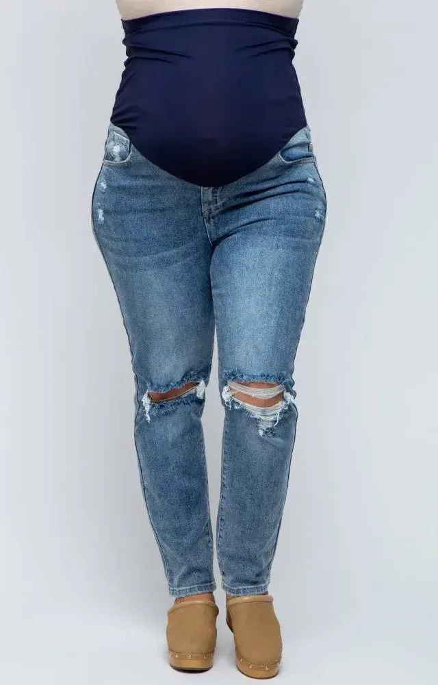 Blue Distressed Ripped Knee Maternity Plus Jeans Blue Denim