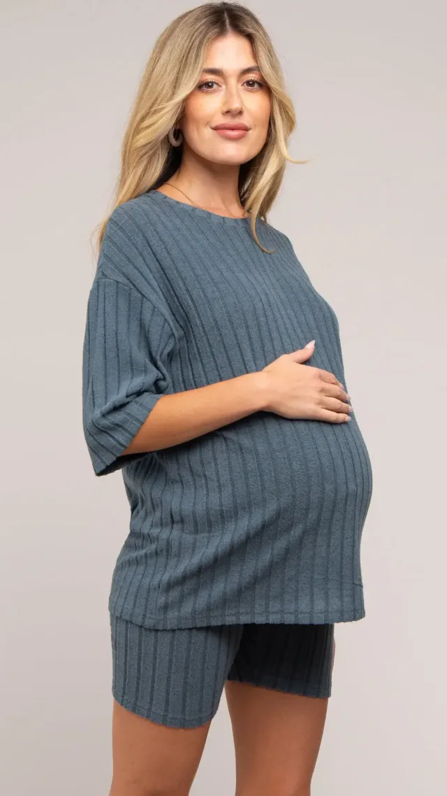 Blue Ribbed Soft Short Sleeve Maternity Shorts Set Navy Blue