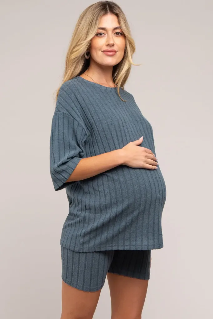 Blue Ribbed Soft Short Sleeve Maternity Shorts Set Navy Blue