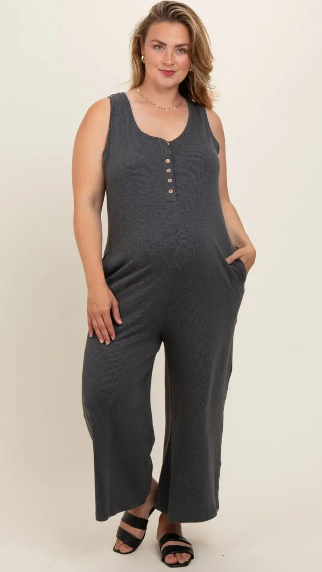 Charcoal Ribbed Button Front Sleeveless Plus Maternity Jumpsuit