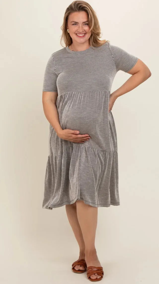 Ivory Black Striped Ribbed Tiered Maternity Plus Dress