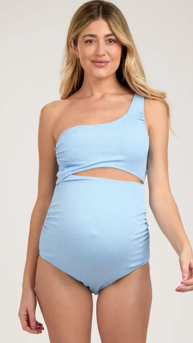 Light Blue Asymmetrical One Shoulder Side Cutout One-Piece Maternity Swimsuit