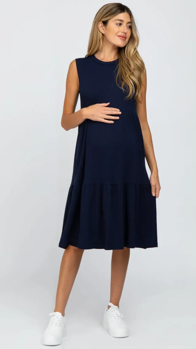 Navy Ribbed Sleeveless Maternity Midi Dress Navy Blue