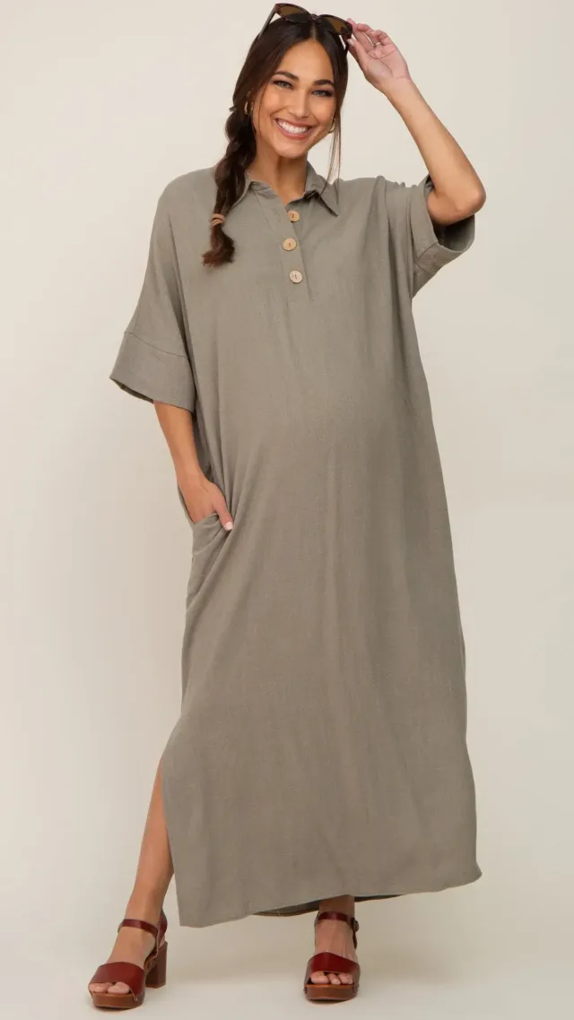 Olive Collared Linen Maternity Maxi Dress