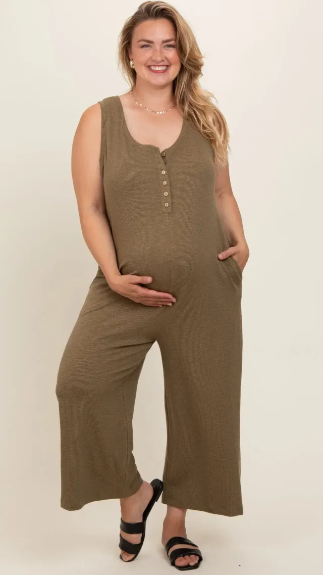 Olive Ribbed Button Front Sleeveless Plus Maternity Jumpsuit Olive Green