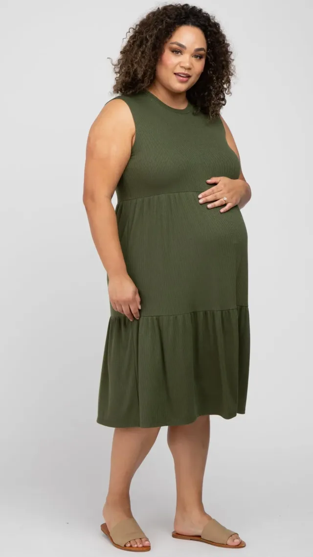 Olive Ribbed Sleeveless Plus Maternity Midi Dress