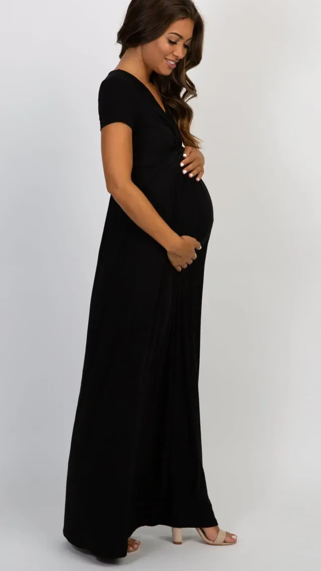 Pinkblush Black Draped Maternity/Nursing Maxi Dress