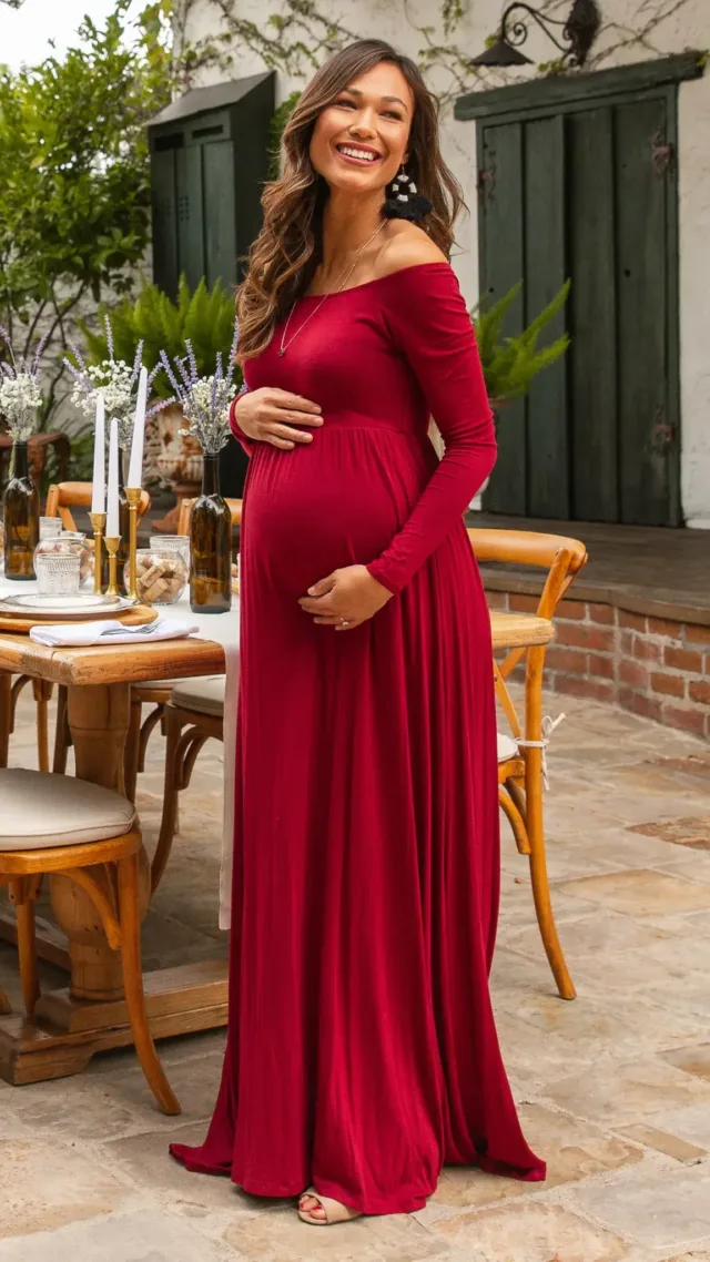 Pinkblush Burgundy Solid Off Shoulder Maternity Maxi Dress