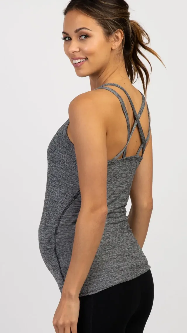 Pinkblush Charcoal Heathered Crisscross Back Fitted Maternity Active Top