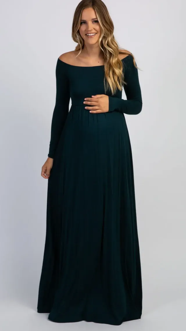 Pinkblush Forest Green Solid Off Shoulder Maternity Maxi Dress Black