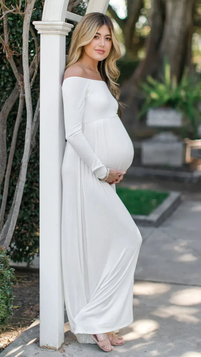 Pinkblush Ivory Solid Off Shoulder Maternity Maxi Dress