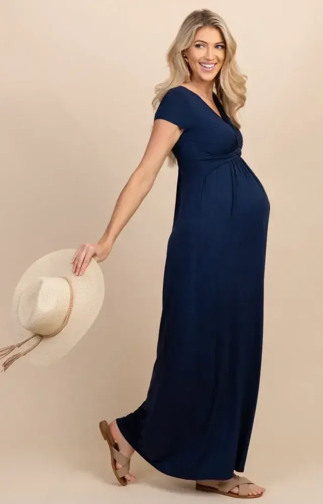 Pinkblush Navy Draped Maternity/Nursing Maxi Dress Navy Blue