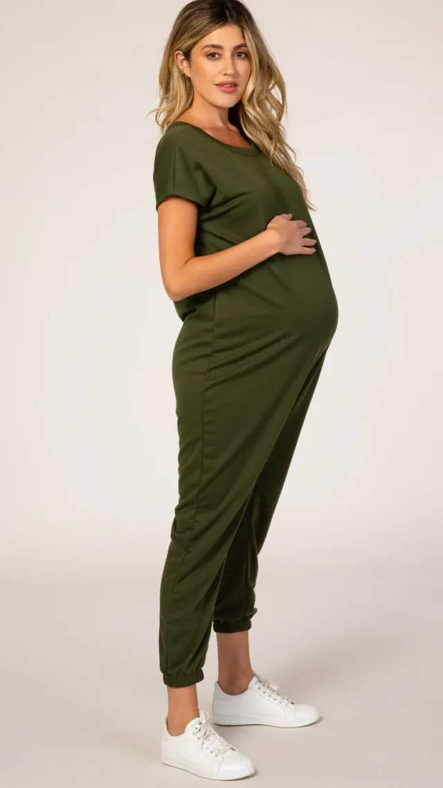Pinkblush Olive Green Short Sleeve Maternity Jumpsuit