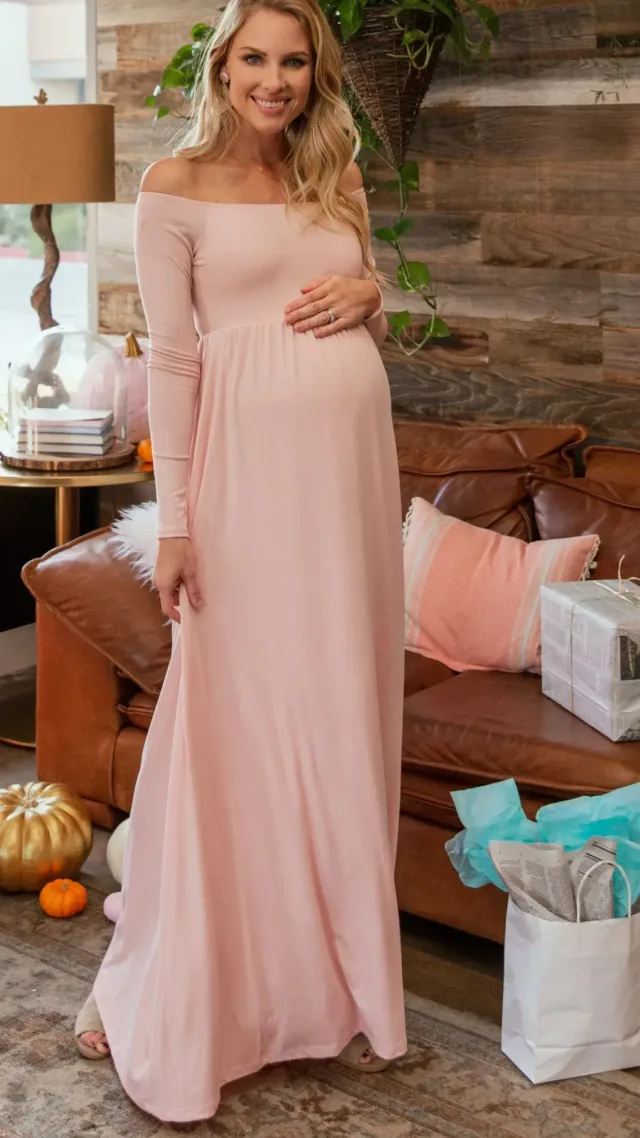 Pinkblush Pink Solid Off Shoulder Maternity Maxi Dress