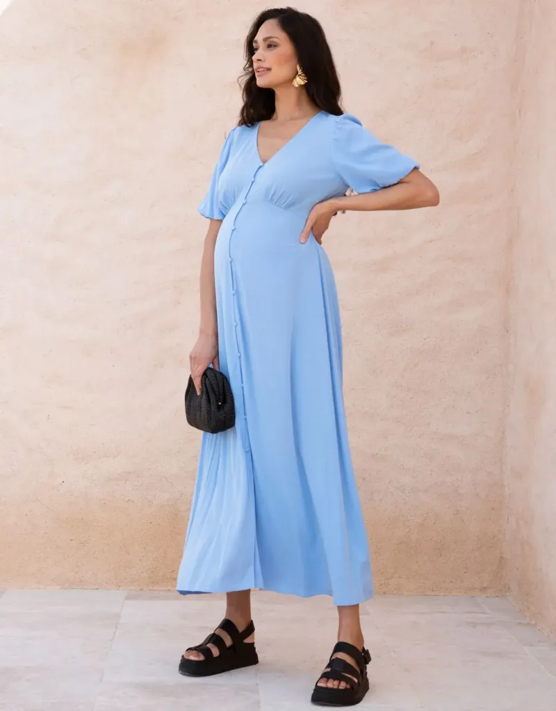 Button-Through V Neck Maternity And Nursing Dress Blue