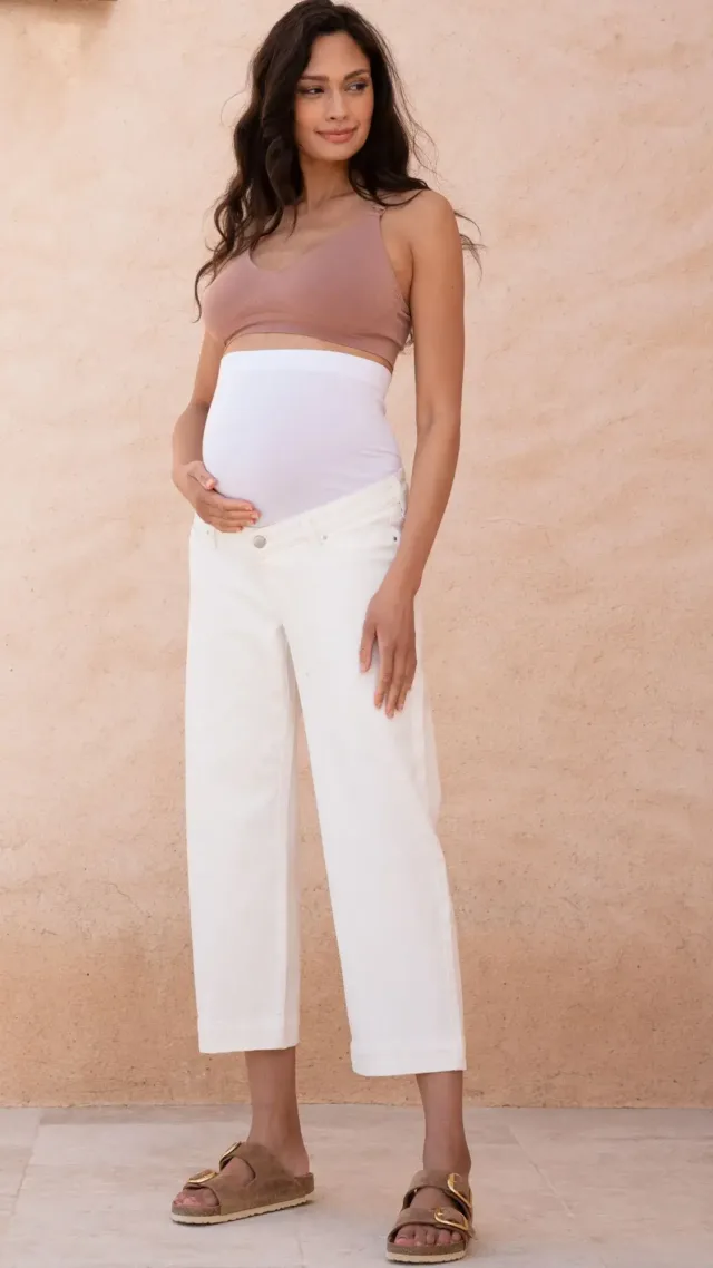 Cropped Straight Wide-Leg Maternity Jeans Cream