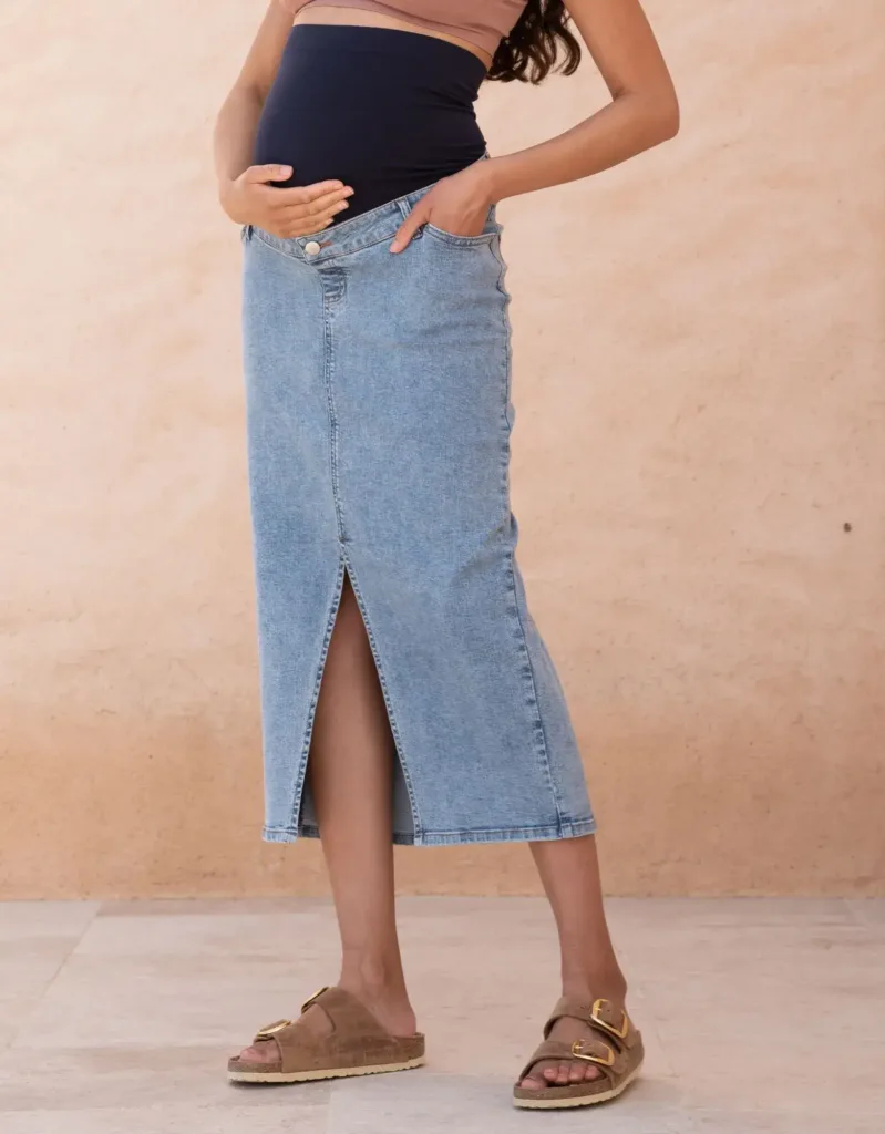 Midi-Length Over Bump Denim Maternity Skirt Blue