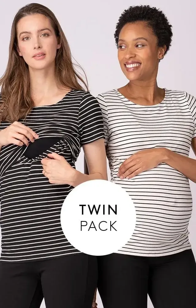 Two Pack Essential Striped Maternity To Nursing T-Shirts Black, White, Striped