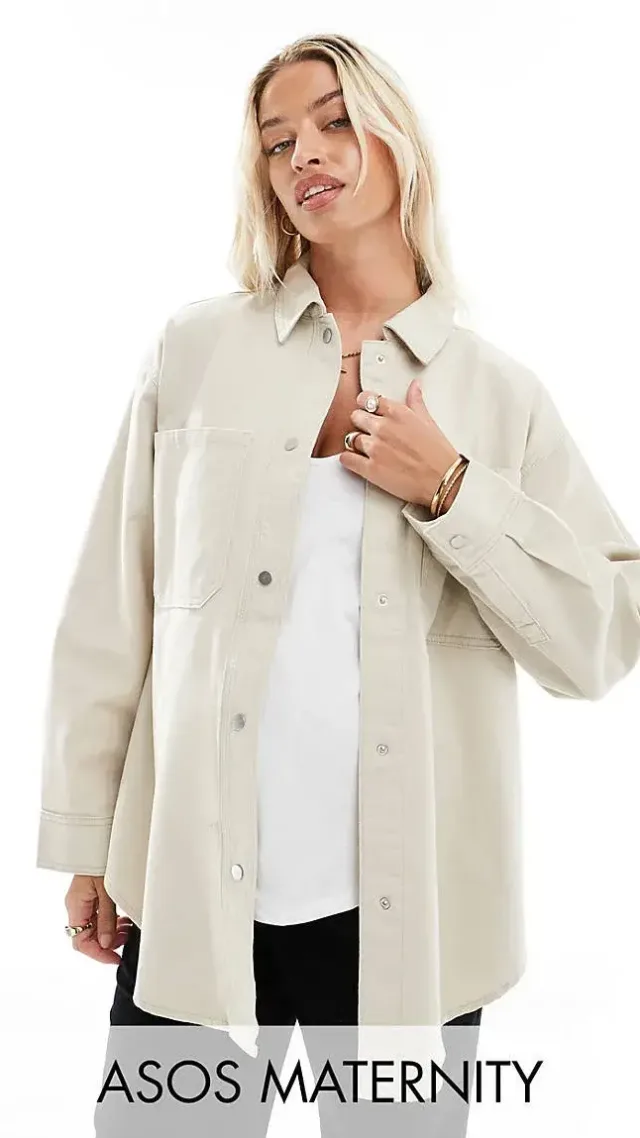 Asos Design Maternity Oversized Twill Jacket In Ecru