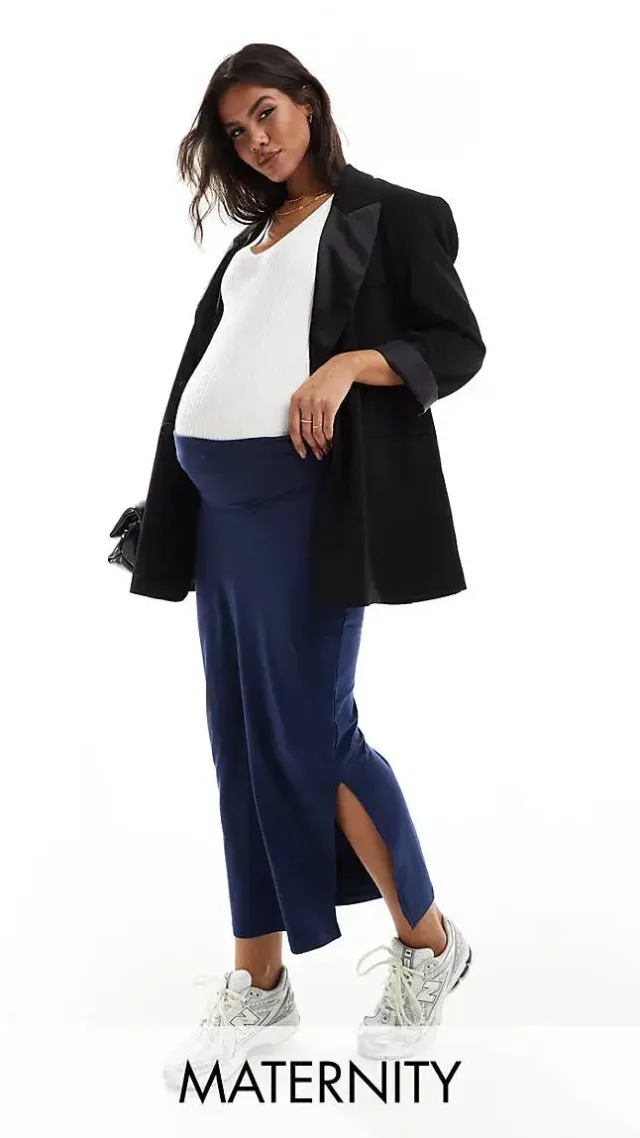 Mamalicious Maternity Jersey Over The Bump Maxi Skirt In Cream Stripe Navy Blue