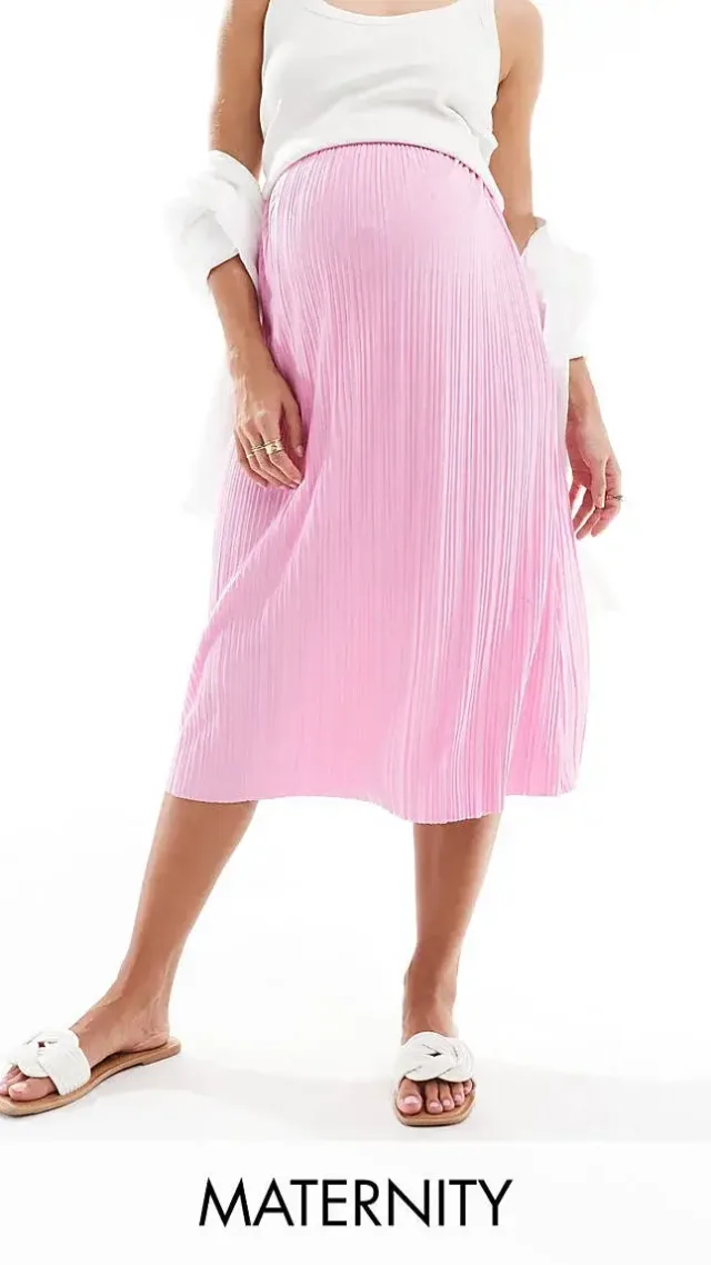Mamalicious Maternity Plisse Midi Skirt In Pink Pastel Lavender