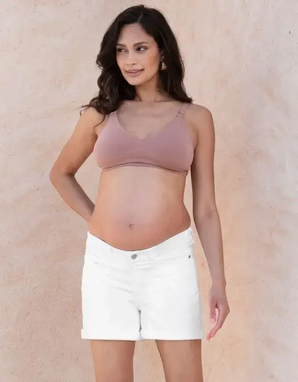Stretch Denim Under Bump Maternity Shorts White