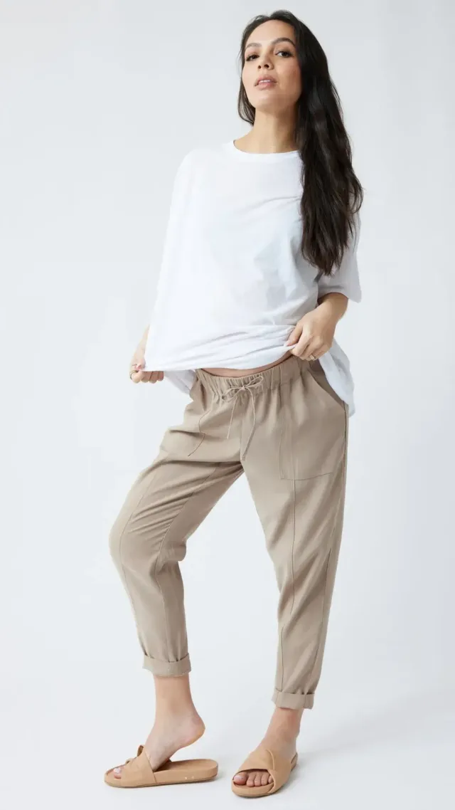 Twill Maternity Pants With Pockets Taupe
