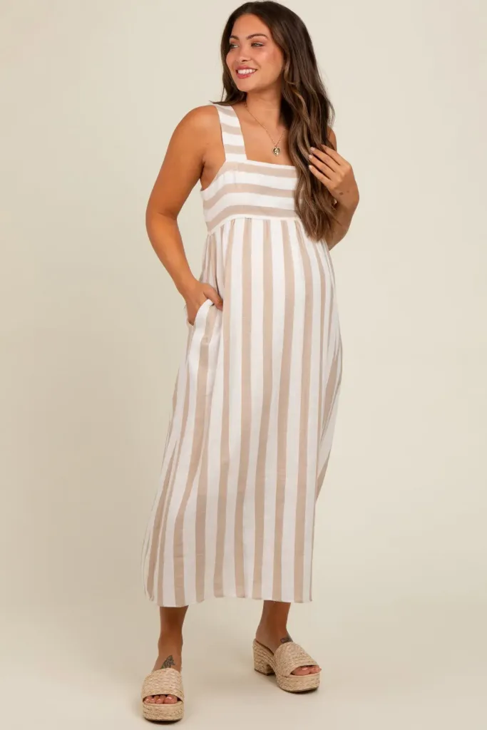 Beige Striped Wide Strap Maternity Midi Dress Beige, White