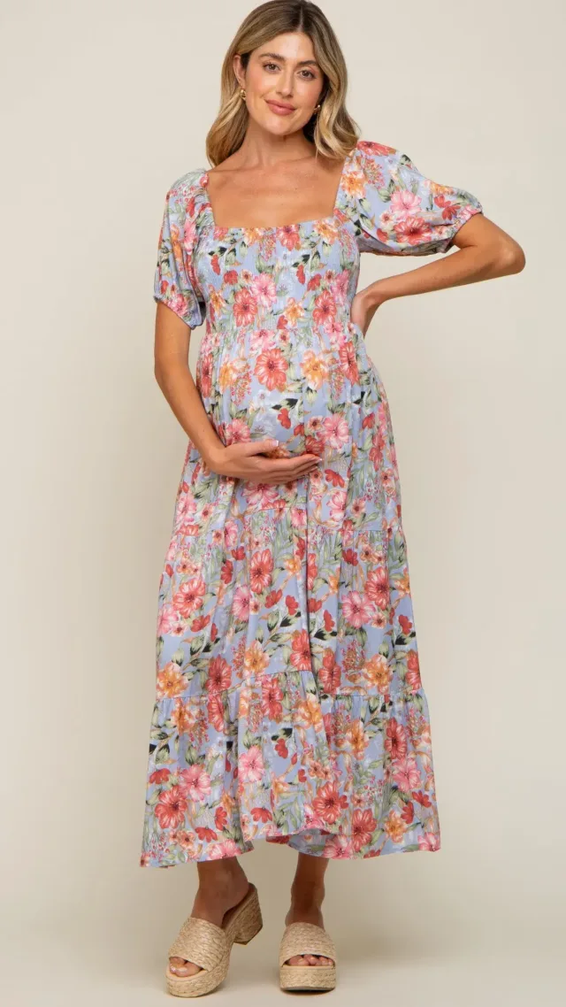 Blue Floral Smocked Square Neck Tiered Maternity Maxi Dress Blue, Olive Green, Cream