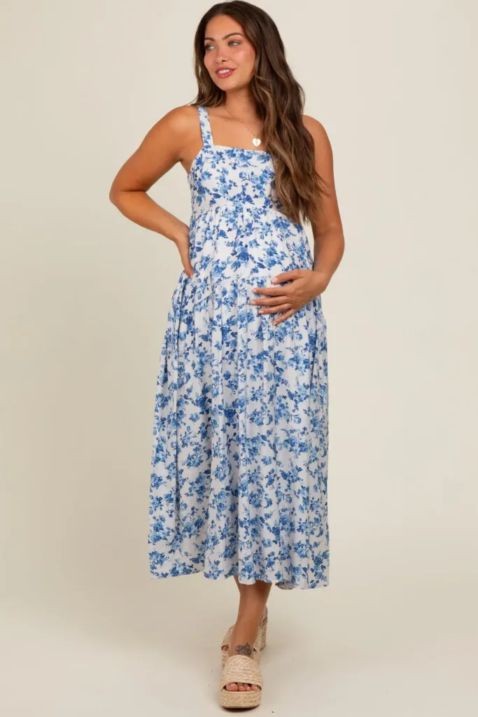 Blue Floral Square Neck Maternity Dress Blue, Floral