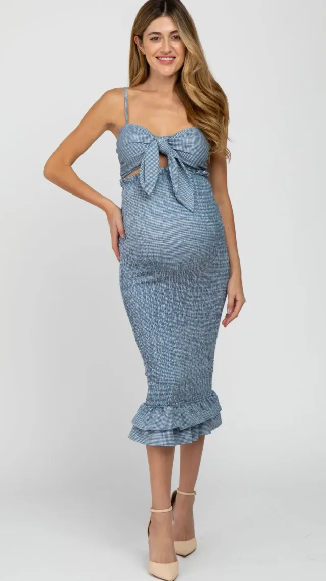 Blue Gingham Print Smocked Fitted Self-Tie Maternity Midi Dress