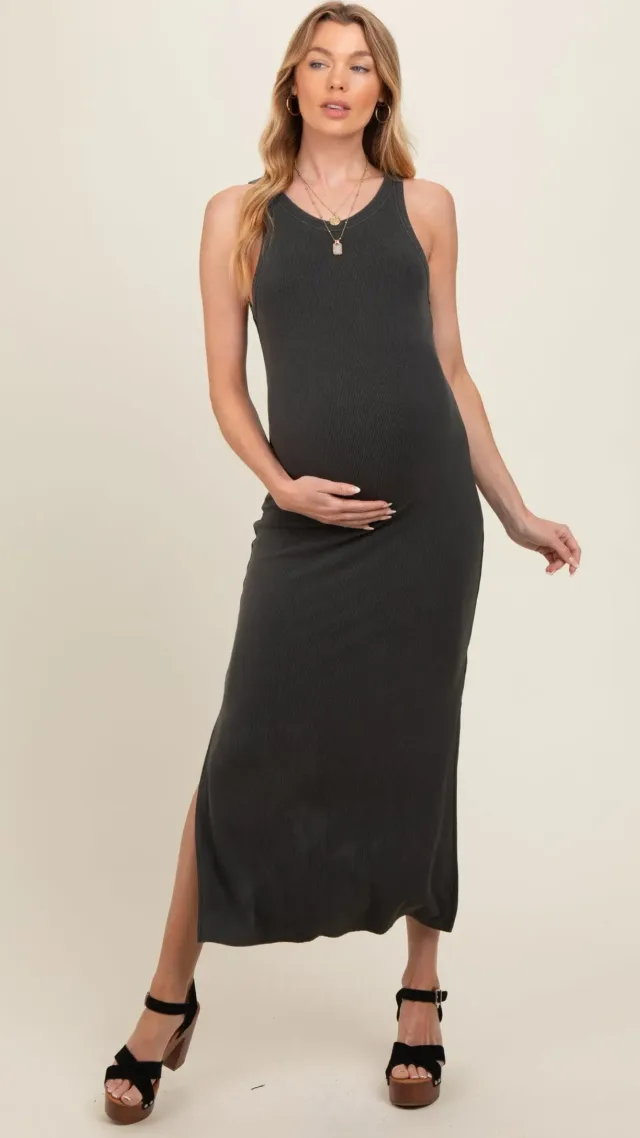 Charcoal Ribbed Knit Side Slit Sleeveless Maternity Dress Blue, Light Olive, Taupe, Charcoal Grey, Rust