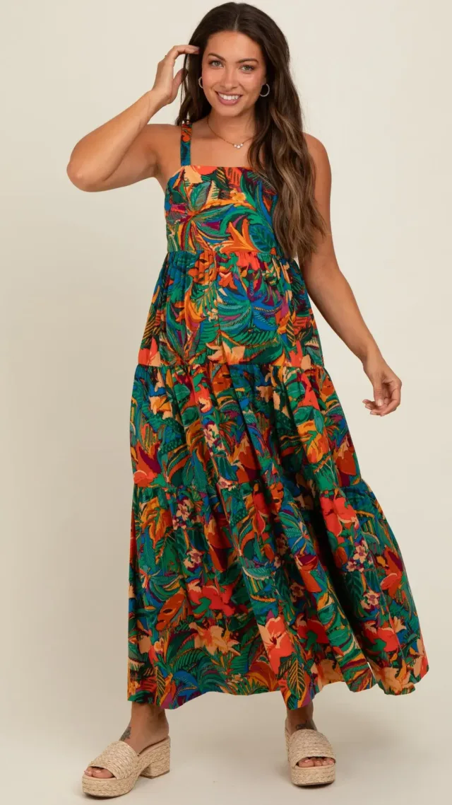 Forest Green Tropical Print Tiered Maternity Maxi Dress