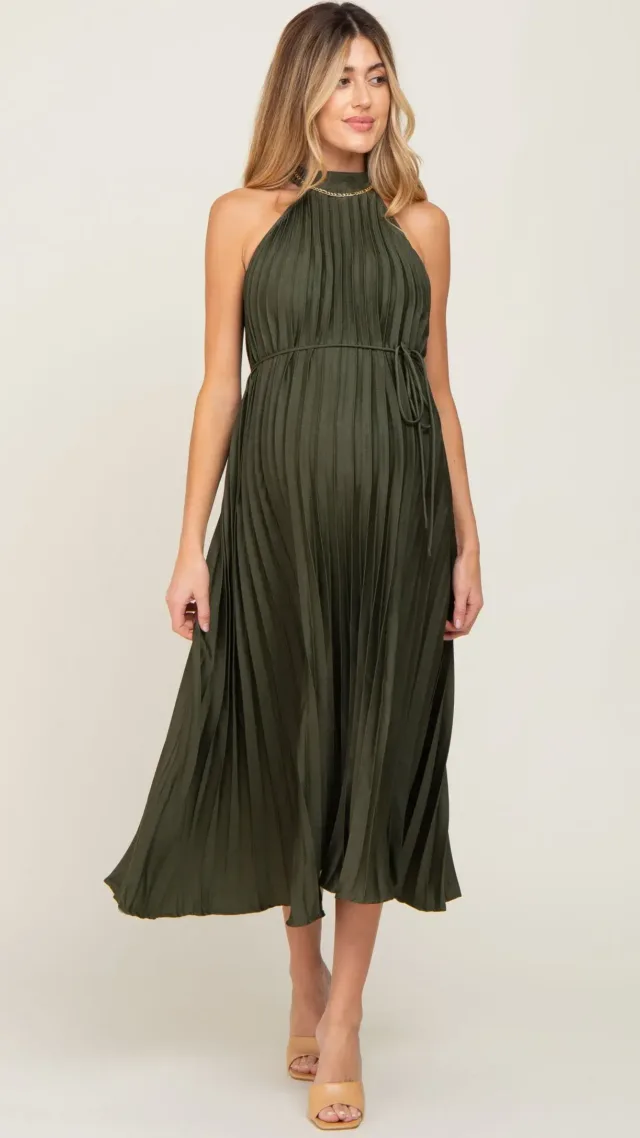 Olive Pleated Maternity Halter Dress Forest Green, Beige, Rust, Pink