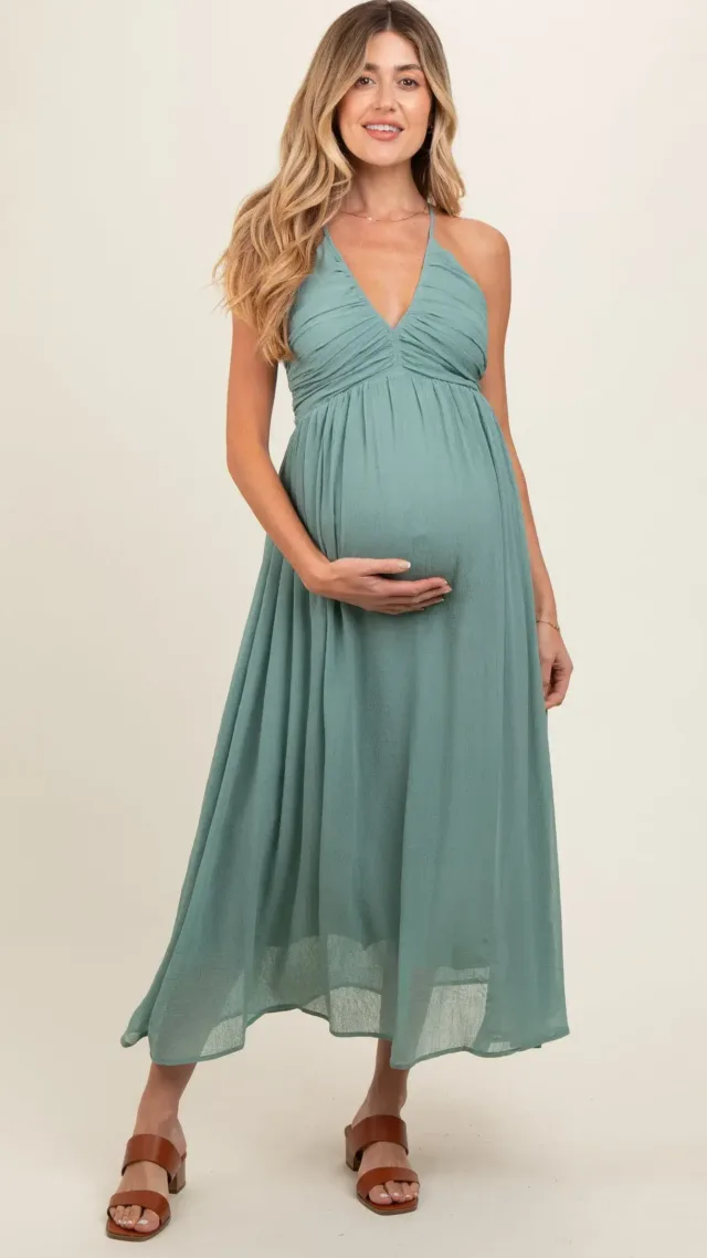 Sage Ruched V-Neck Maternity Midi Dress Lavender, Light Olive