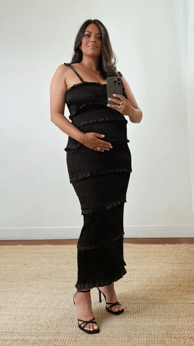 Stella Smocked Dress Black Luxe Satin