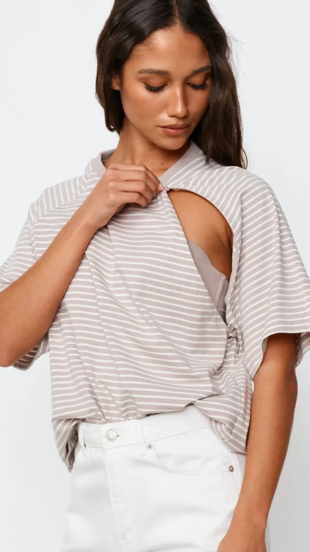 Classique Stripe Box-Cut Tee - Stone / White