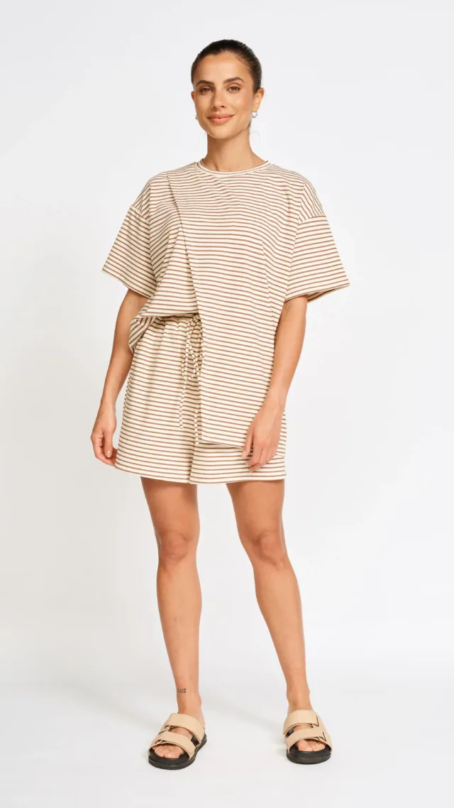 Ivy Stripe Longline Wrap Tee - Cream / Tan