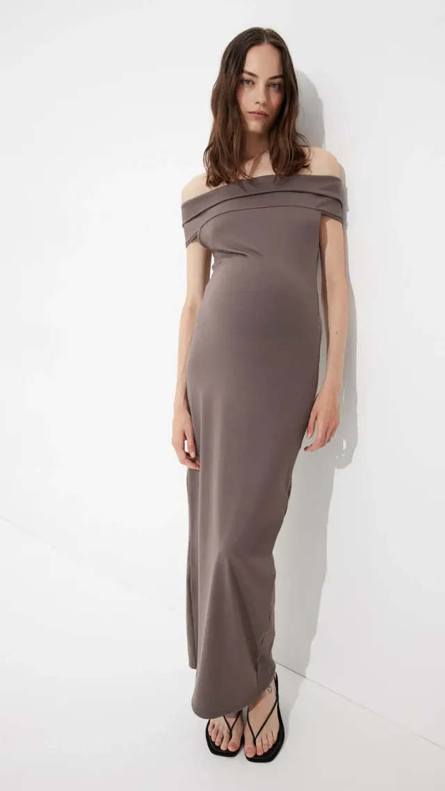 Mama Off-The-Shoulder Jersey Dress Dark Beige