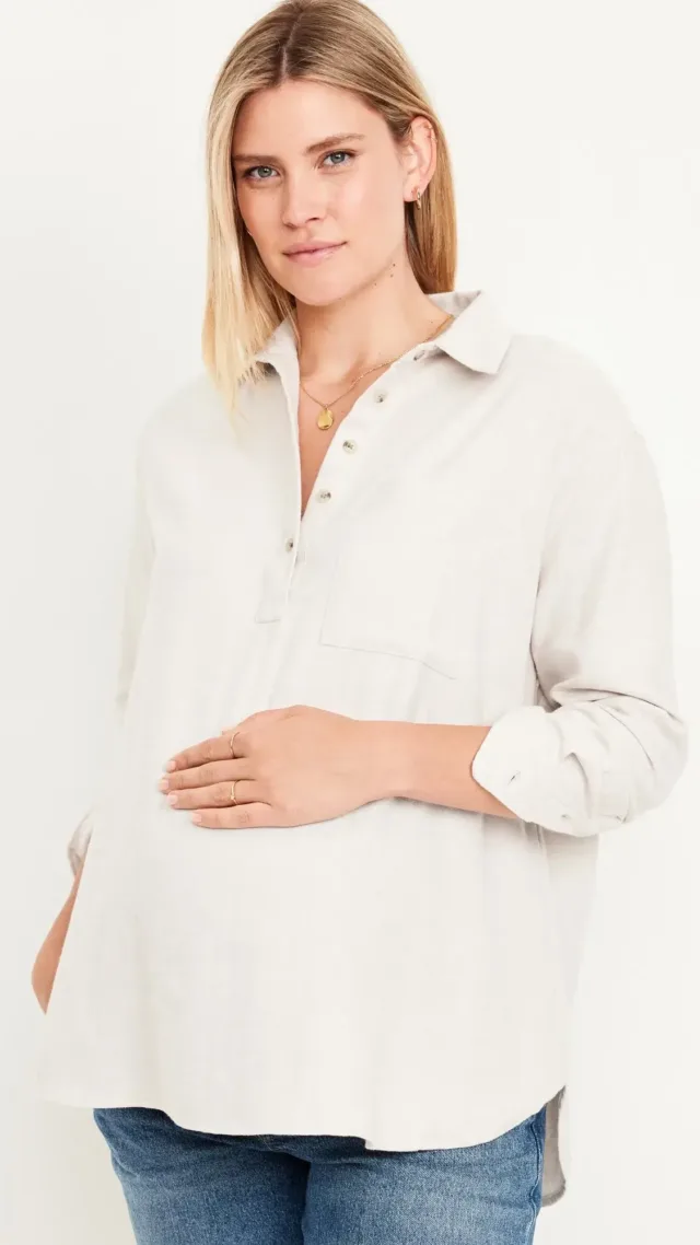 Maternity Flannel Popover Shirt Natural White