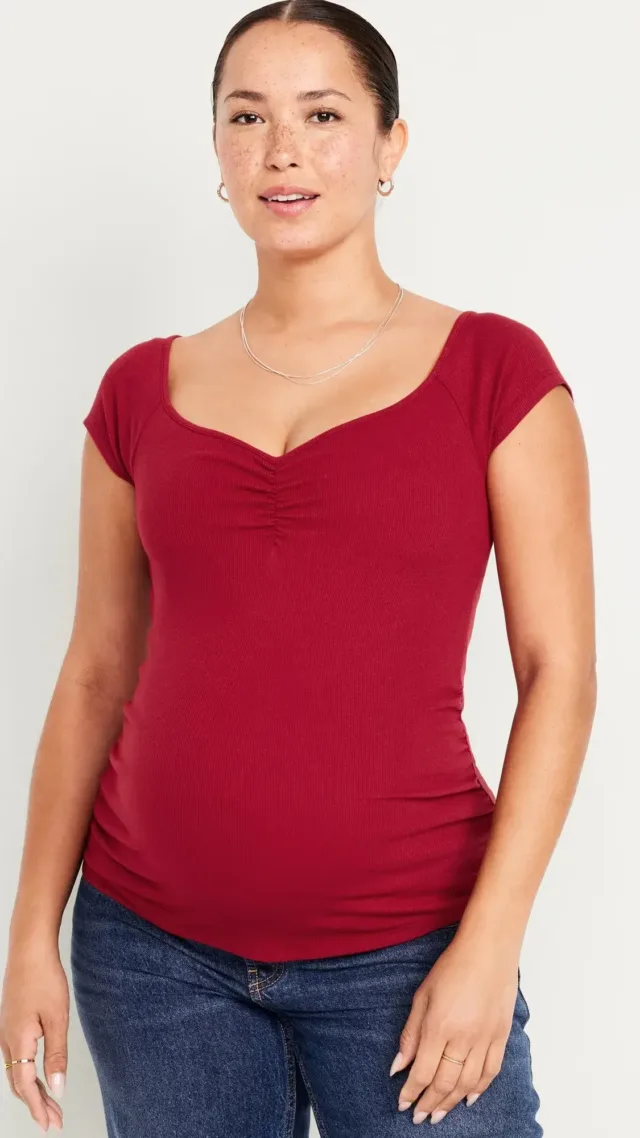 Maternity Short Sleeve Cinch-Front Top Cordovan