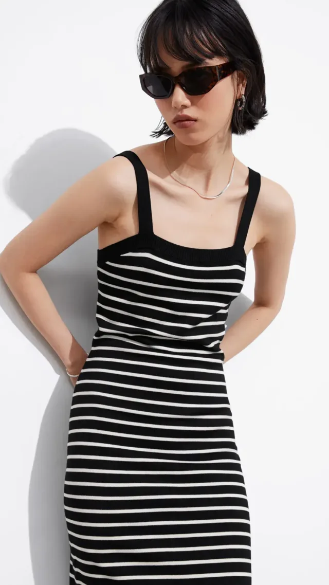 Jacquard-Knit Midi Dress Black/White Stripes