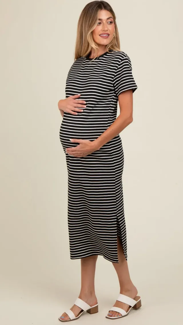 Black Striped Short Sleeve Maternity T-Shirt Midi Dress