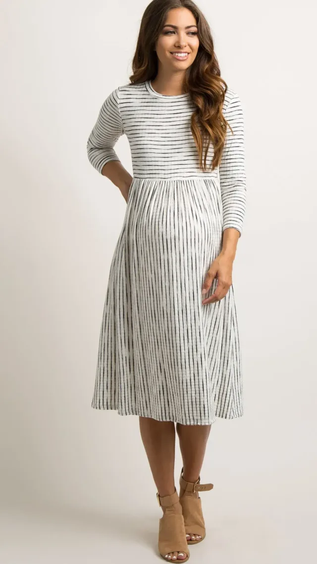 Ivory Ribbed Striped Maternity Midi Dress