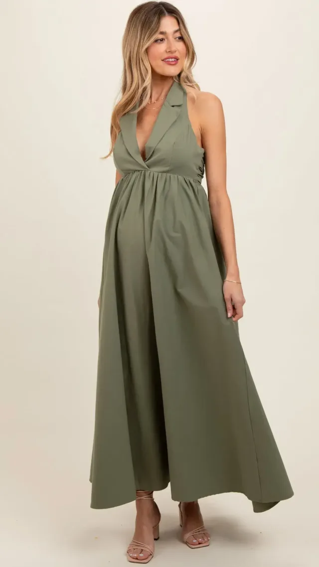 Light Olive Collared Halter Back Tie Maternity Maxi Dress