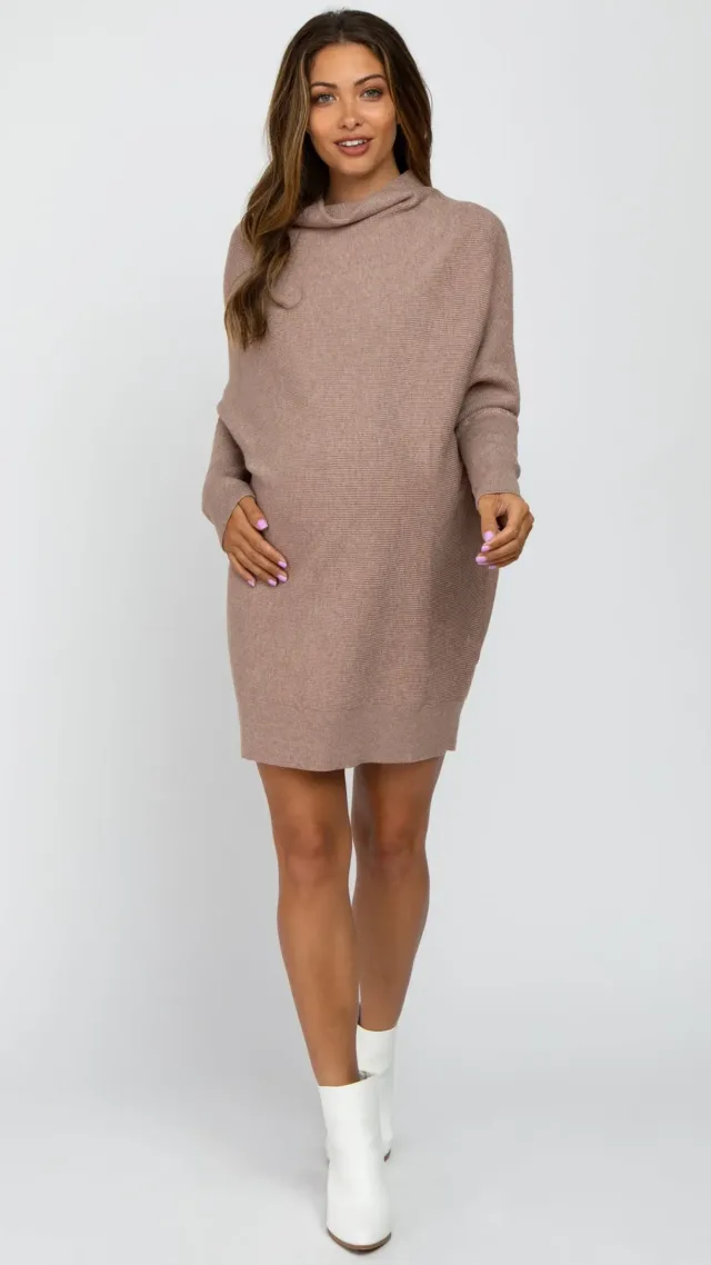 Taupe Funnel Neck Dolman Sleeve Maternity Mini Dress