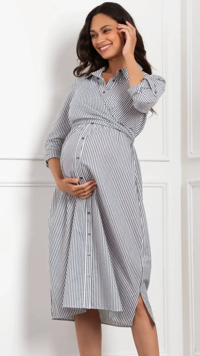 Cotton-Blend Stripe Maternity & Nursing Shirt Dress