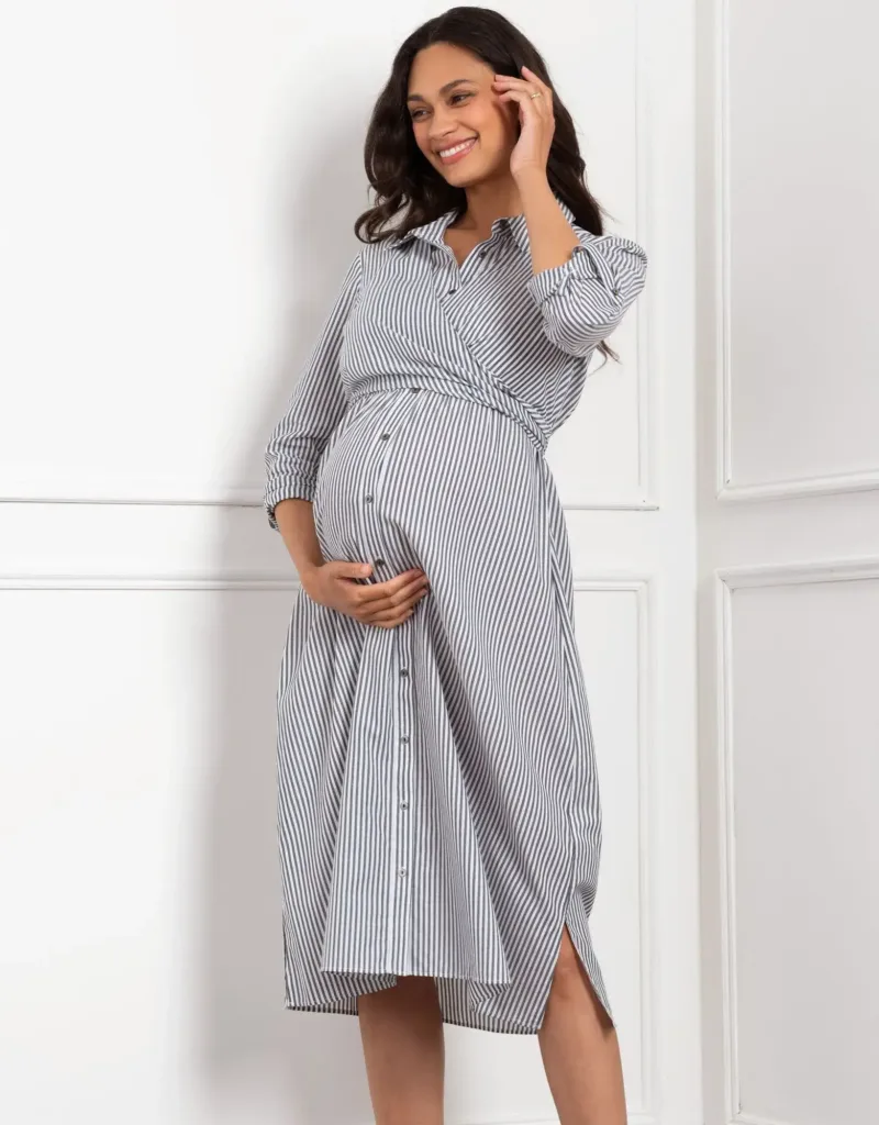 Cotton-Blend Stripe Maternity & Nursing Shirt Dress